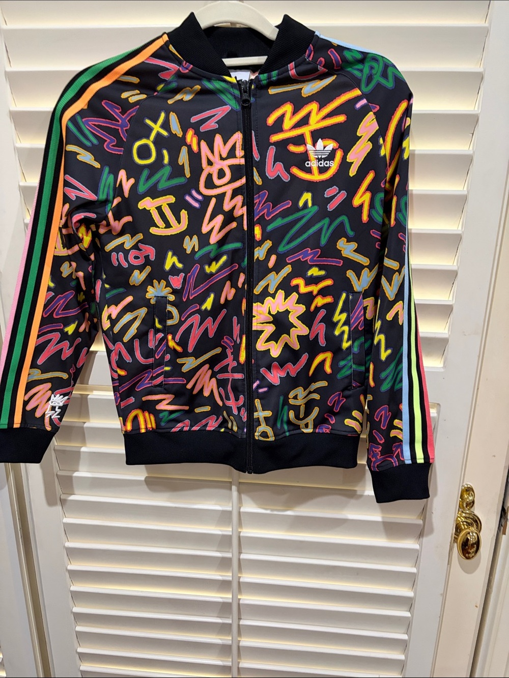 adidas Black Multicolor Scribble Print Track Jacket. Size Medium